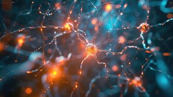 ai genererad utforska de invecklad neuralt kommunikation genom detta skildring av aktiva nerv celler och de elektrisk aktivitet av nervcell celler, ai genererad. foto