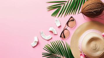 ai genererad en strand hatt, kokos löv, och solglasögon anordnad på en rosa bakgrund, fångande de väsen av asiatisk sommar i en mjuk, eterisk, minimalistisk stil med kopia Plats, ai genererad. foto