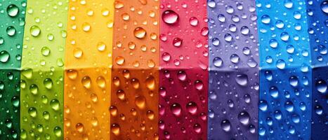 ai genererad närbild av en färgrik regnbåge paraply Utsmyckad med många regndroppar och vattendroppar, ai genererad. foto
