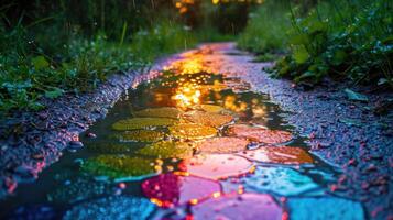ai genererad erfarenhet de förtrollning av en regn dusch som den omvandlar en ängens grus väg med levande färger, ai genererad. foto
