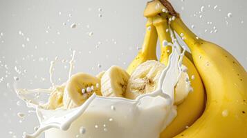 ai genererad mjölk stänk med färsk bananer mot en vit bakgrund, en hälsosam visa, ai genererad. foto