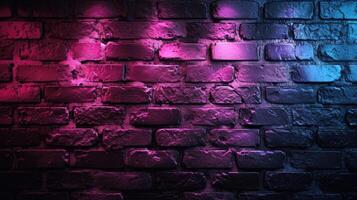 ai genererad svart tegel vägg bakgrund med neon belysning effekt från rosa och lila till blå, ai genererad. foto