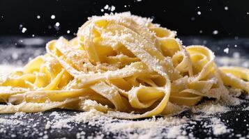 ai genererad unna sig i krämig fettuccine alfredo, Utsmyckad med parmesan, en slående kontrast mot svart, ai genererad. foto