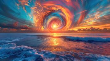 ai genererad erfarenhet de magi av en solnedgång över de hav, med en vibrerande, virvlande visa av färger i de horisont. naturens duk. ai genererad. foto