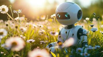 ai genererad en söt liten robot lyckligt utforska en fält av blommor, ai genererad foto
