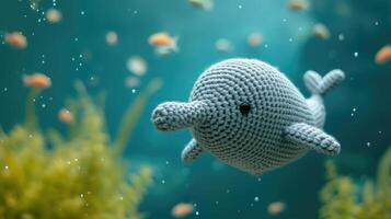 ai genererad virkade dugong leksak vibrerande bakgrund, handgjord och förtjusande, ai genererad foto