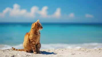 ai genererad en tabby katt är Sammanträde på de strand, ser ut på de hav, ai genererad foto