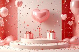 ai genererad Lycklig hjärtans dag skede dekoration med hjärta ballong, gåva låda, ai genererad foto