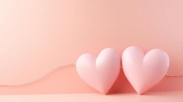 ai genererad kärlek dekoration bakgrund begrepp två hjärtan på pastell rosa bakgrund, ai genererad foto