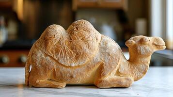ai genererad unik bröd limpa liknar ett kamel vilar på en trä- tabell, ai genererad foto