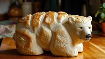 ai genererad unik bröd limpa liknar ett isbjörn vilar på en trä- tabell, ai genererad foto