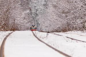 ett gammal spårvagn rör på sig genom en vinter- skog foto