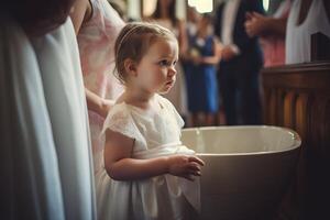 ai genererad flicka döpt kyrka traditionell ceremoni. generera ai foto