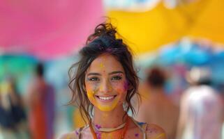 ai genererad färgrik regnbåge indisk människor fira holi festival foto