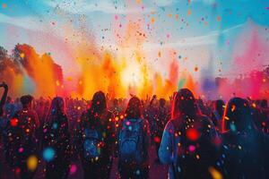 ai genererad färgrik regnbåge indisk människor fira holi festival foto