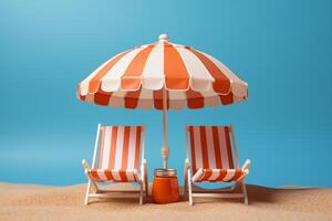 ai genererad strand däck stolar och paraply uppsättning på ljus bakgrund foto