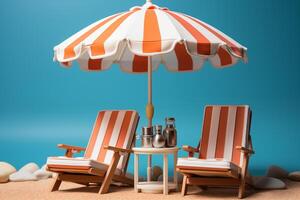 ai genererad strand däck stolar och paraply uppsättning på ljus bakgrund foto