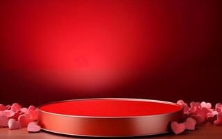 ai genererad tömma trä sten podium tabell hjärtans dag röd bakgrund med hjärtan foto