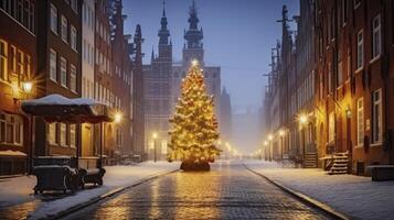 ai genererad en skön jul träd tänds de gammal stad på en vintrig natt foto