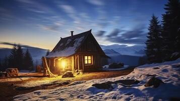 ai genererad de tyst charm av en trä- skydd mitt i de berg, upplyst förbi månsken foto