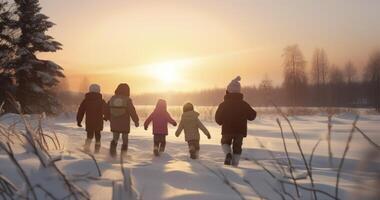 ai genererad barns skratt fyllningar de luft i en vinter- fält, med en skog scen och de Sol miljö Bakom foto