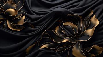 ai genererad svart lyx trasa, silke satin sammet, med blommig former, guld trådar, lyxig tapet, elegant abstrakt design foto