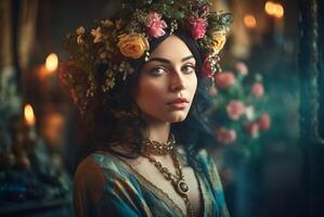 ai genererad kvinna fe- blommor medeltida stil. generera ai foto