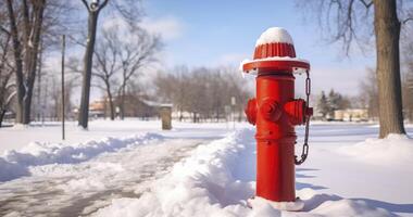 ai genererad en röd brand brandpost och Pol glimt mot en vintrig scen av snö, natur, och en ljus än molnig himmel foto