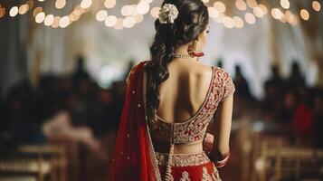 ai genererad indisk bröllop. en hindu brud i en fantastisk röd lehenga går ombord på henne bröllop dag förberedelser foto