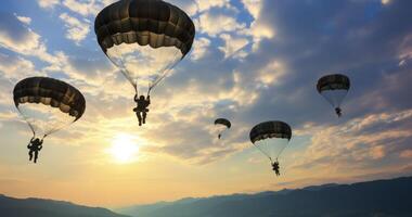 ai genererad modig härkomst - militär fallskärmsjägare graciöst landning med fallskärmar i en samordnade visa foto