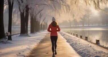 ai genererad en fitness-entusiast kvinna modiga de kall för en vinter- säsong springa foto