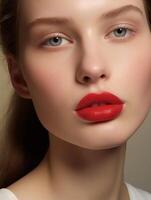 ai genererad skön ung kvinna med blå ögon och röd läppstift. naturlig skönhet närbild av en topp modell med lysande friska hud foto