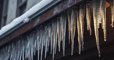 ai genererad spiked istappar på de kant av höjde grå tak med klumpar av snö i vinter- foto