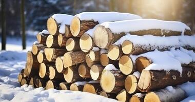 ai genererad en ordentligt staplade stack av hackad trä, täckt med snö, på en ljus och kall solig vinter- dag foto