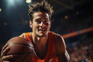 ai genererad en man i ett orange jersey innehav en basketboll foto