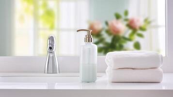 ai genererad tvål dispenser och spa handduk på pastell badrum fönster interiör foto