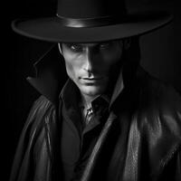 ai genererad en man i en svart hatt och läder jacka foto