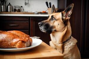 ai genererad hund väntar kyckling. generera ai foto