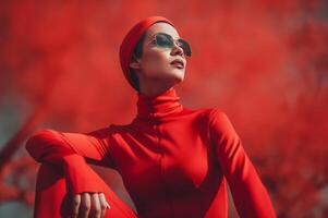 ai genererad glamorös kvinna med solglasögon i röd jumpsuit. generera ai foto