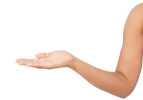 öppen afro amerikansk kvinnas hand, handflatan upp isolerad på vit bakgrund foto