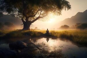 ai genererad soluppgång morgon- meditatör under träd sinne fred. generera ai foto
