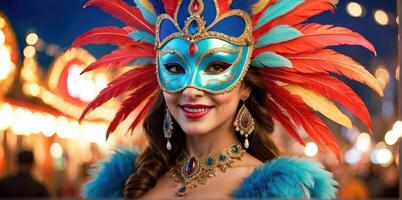 ai genererad skön kvinna bär venetian karneval mask och kostym foto