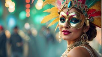 ai genererad skön kvinna bär venetian karneval mask och kostym foto