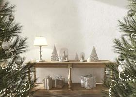julgran dekorerad med leksaker i modern skandinavisk inredning. mockup vit vägg i mysigt hem. bondgård stil 3d render illustration. foto