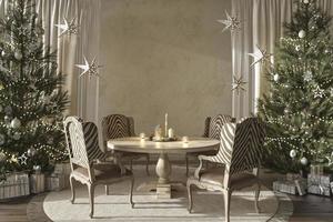 julgran med leksaker och presenter dekorerar modern inredning i skandinavisk bondgårdstil. 3D-rendering illustration matsal med bord.