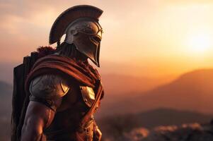 ai genererad spartansk krigare porträtt på natur solnedgång. generera ai foto