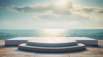 ai genererad tömma podium plattform bakgrund av hav och solig himmel. scen piedestal för presentation Produkter och objekt foto