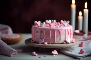 ai genererad rosa kaka med hjärtan dekorationer. generera ai foto