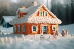 ai genererad stickat hus tråd i kall snö säsong. generera ai foto