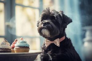 ai genererad hund med slips Framställ med födelsedag muffin efterrätt. generera ai foto